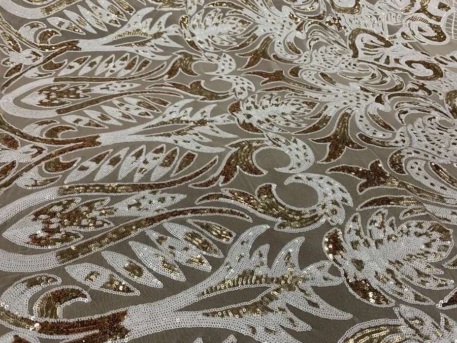 Bridal White and Gold Sequin Embroidery on Nude Stretch Mesh Fabric
