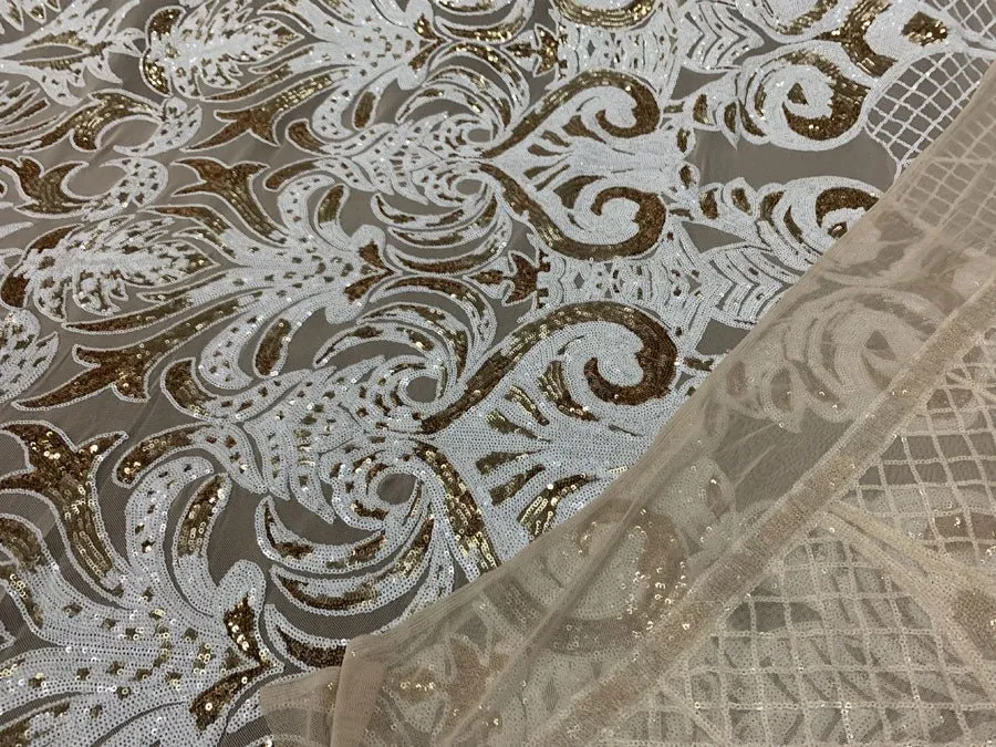 Bridal White and Gold Sequin Embroidery on Nude Stretch Mesh Fabric