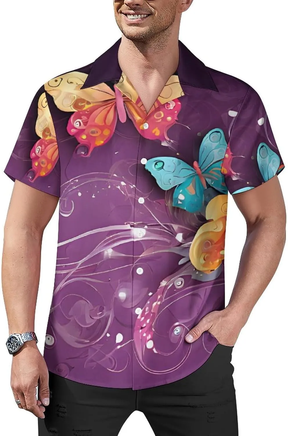 Butterflies Print Cuban Collar Shirt Classic Design for Comfort and Style