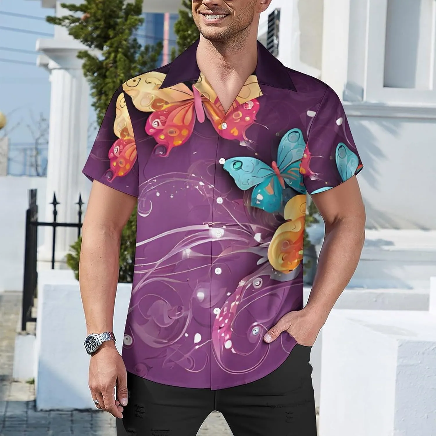 Butterflies Print Cuban Collar Shirt Classic Design for Comfort and Style