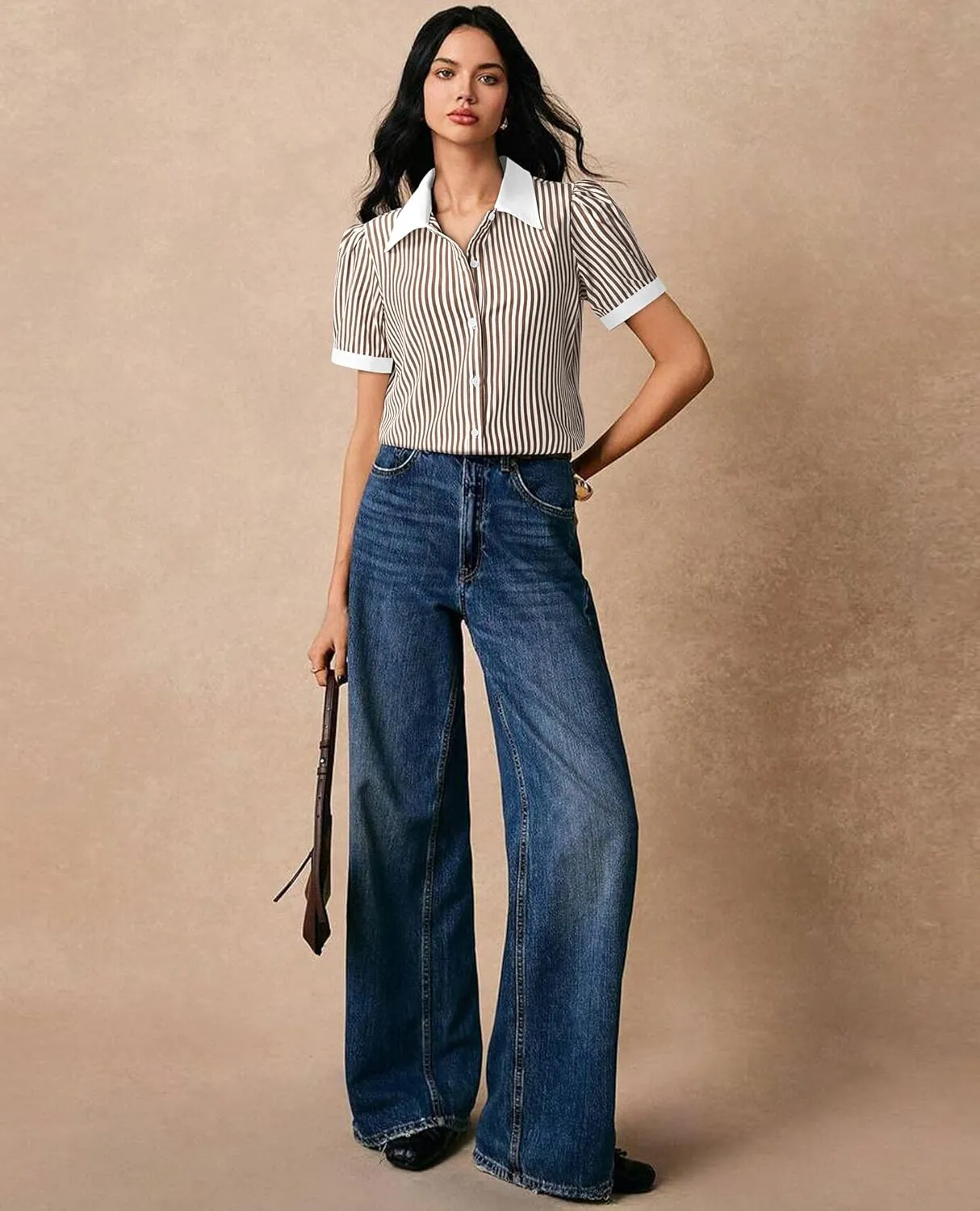 Button Down Shirts for Women Puff Short Sleeve Button Up Dress Shirts Collared Fitted Blouse Work Business Top