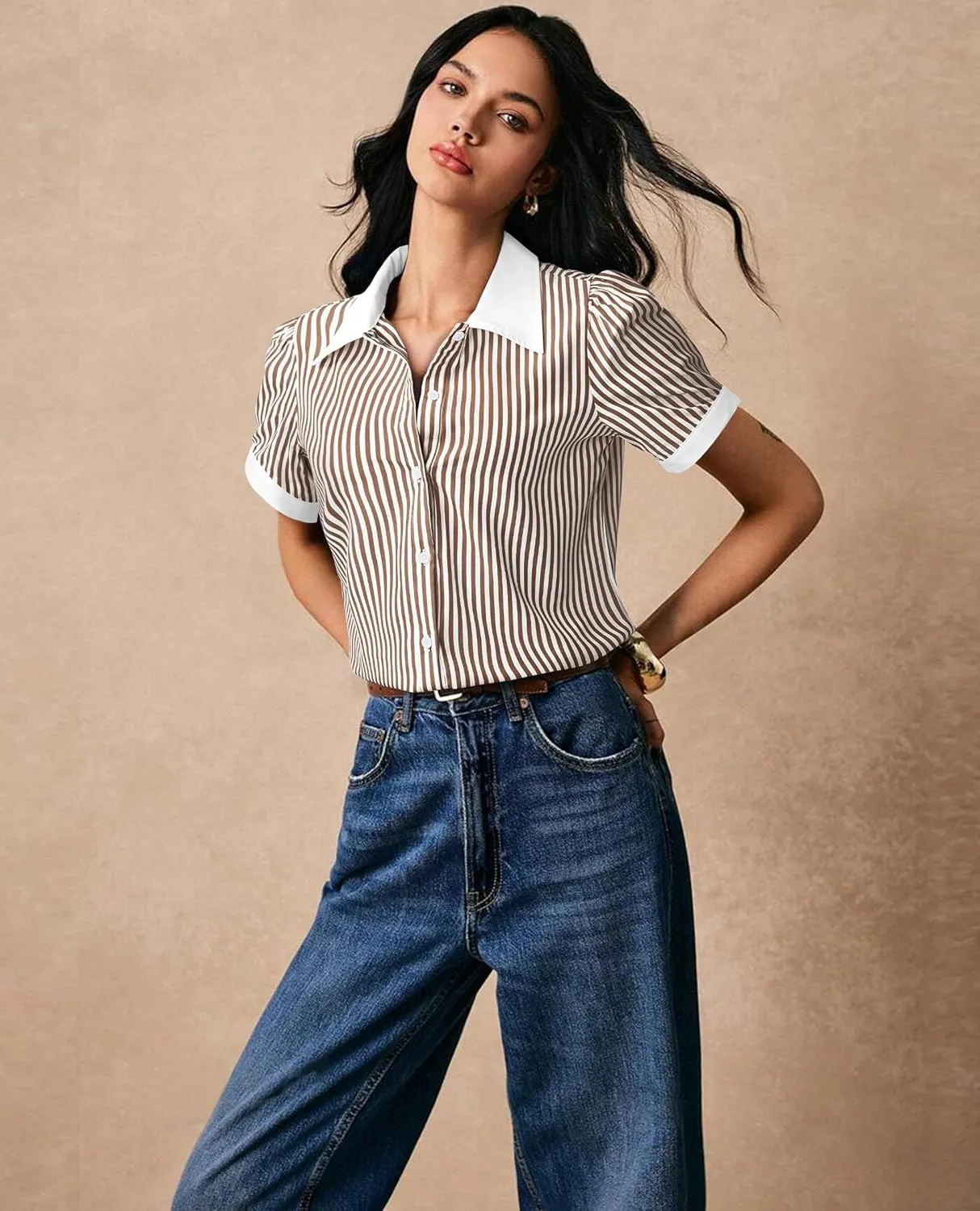 Button Down Shirts for Women Puff Short Sleeve Button Up Dress Shirts Collared Fitted Blouse Work Business Top