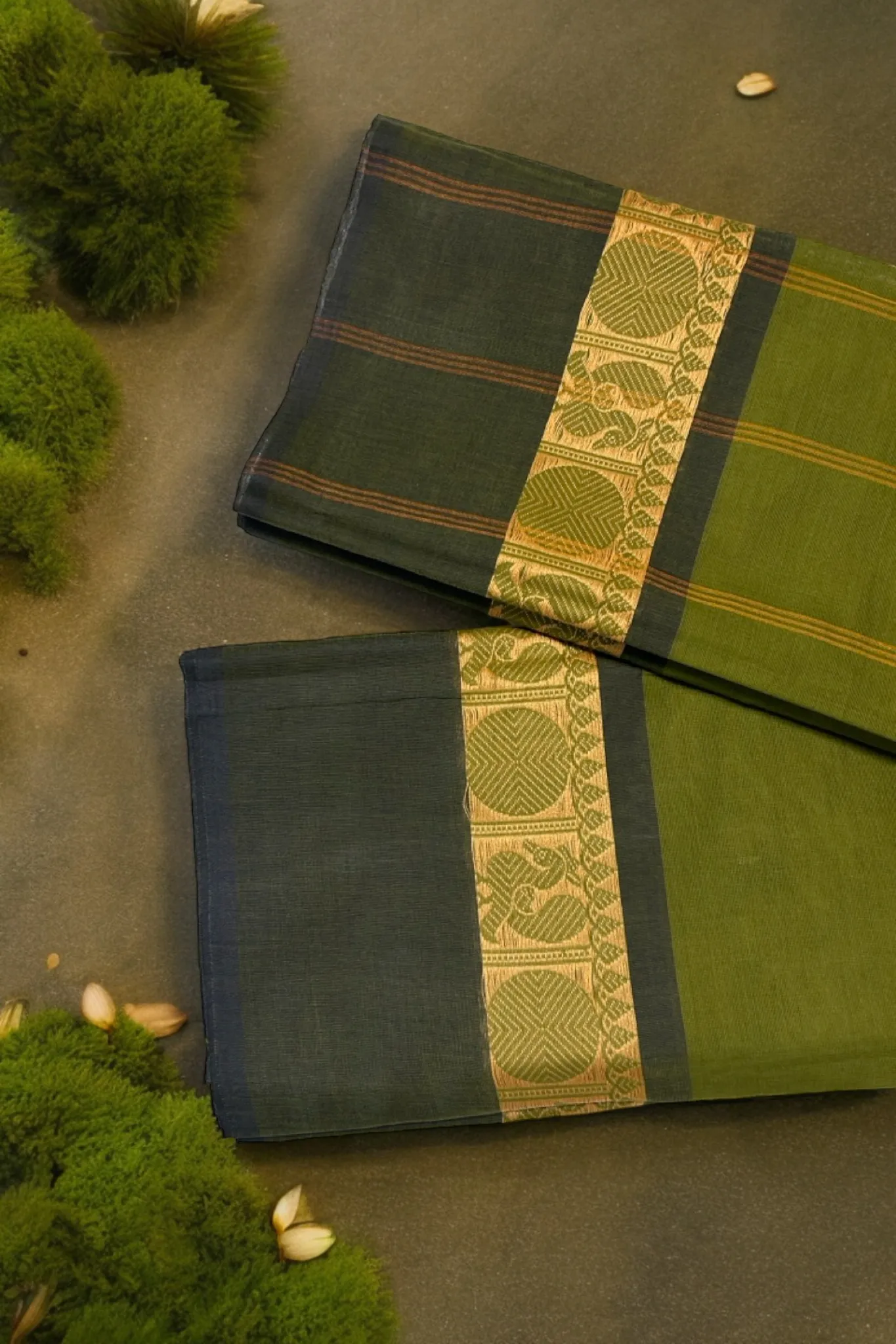 chettinad cotton saree - olive green & gold peacock