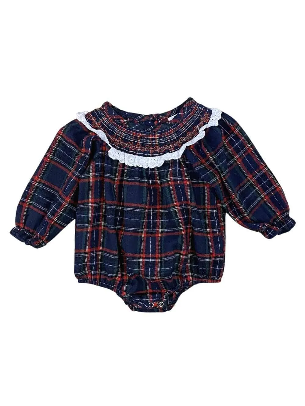 Classic Navy Blue Tartan Plaid Smocked Collar Baby Romper