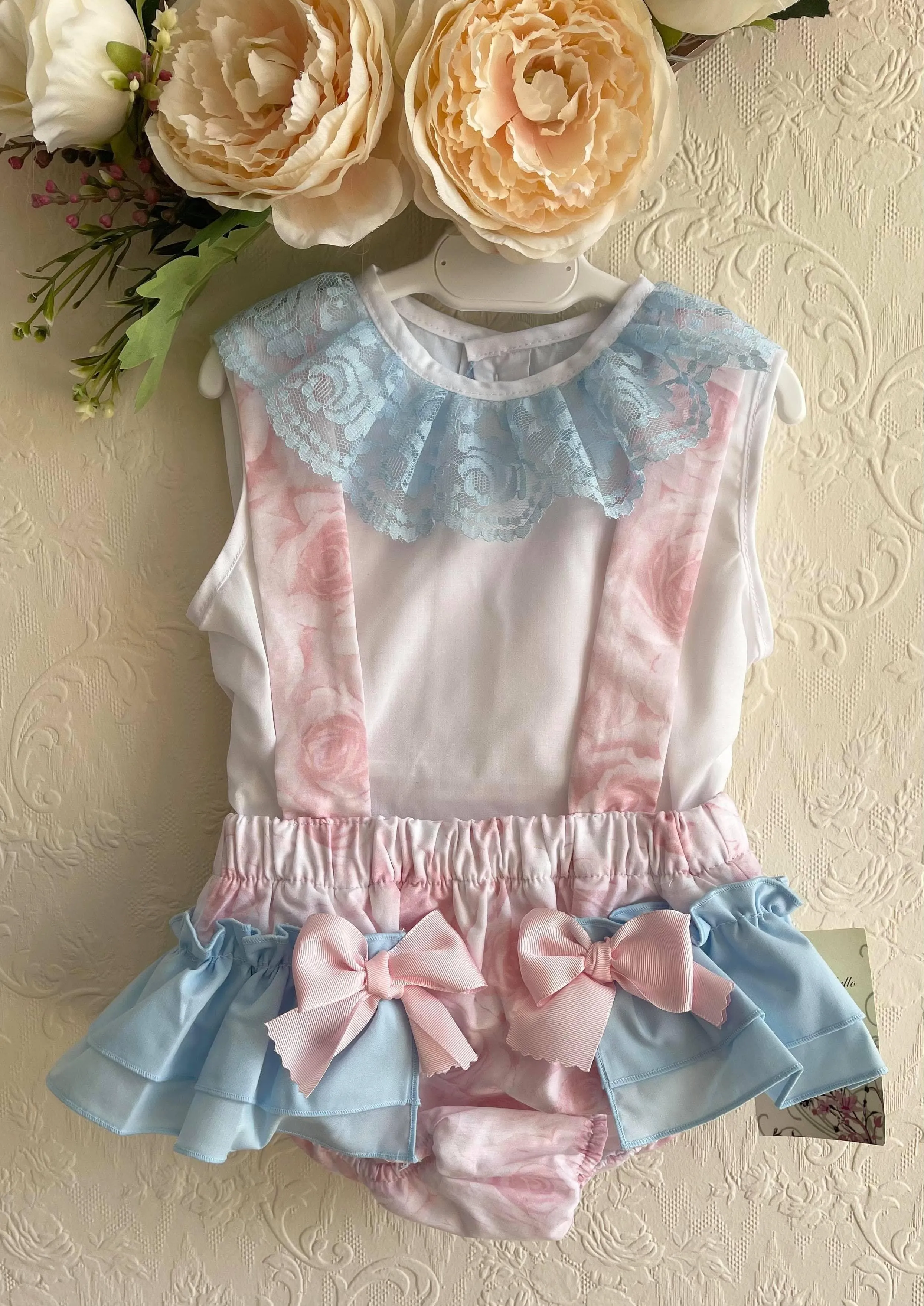 CLEARANCE DEAL - Maria Bardallo - Baby Girl's Bambu White, Pink & Blue Jam Pants Set 6m