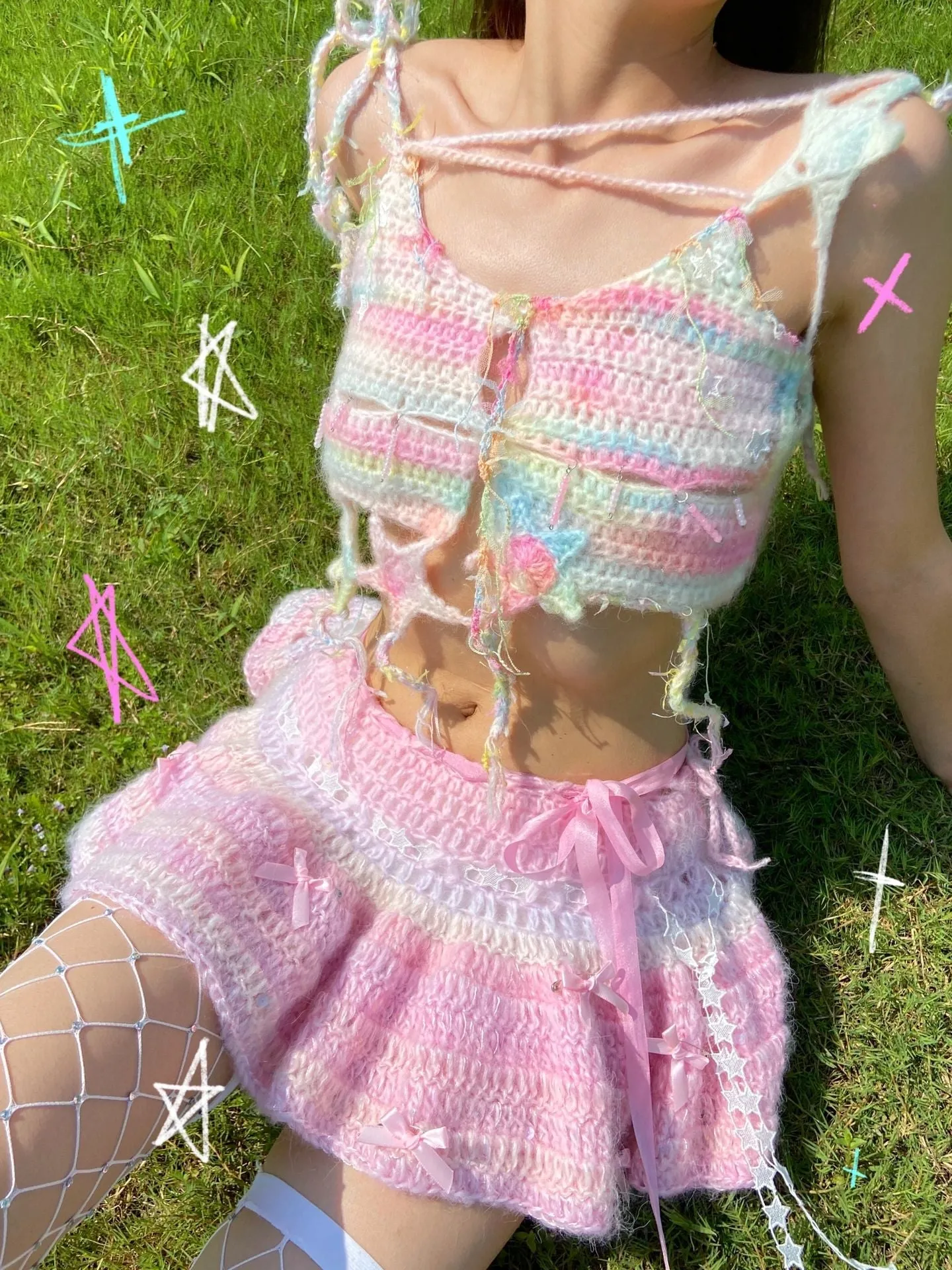[Customized Handmade] Lil Pink Cake Monster Knitting Top and Skirt set