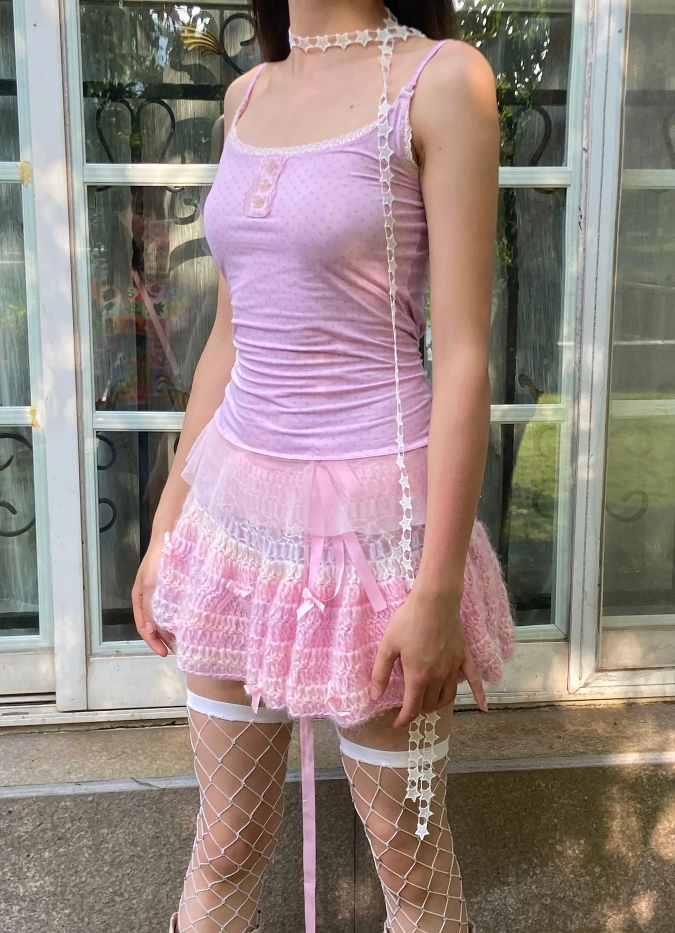 [Customized Handmade] Lil Pink Cake Monster Knitting Top and Skirt set