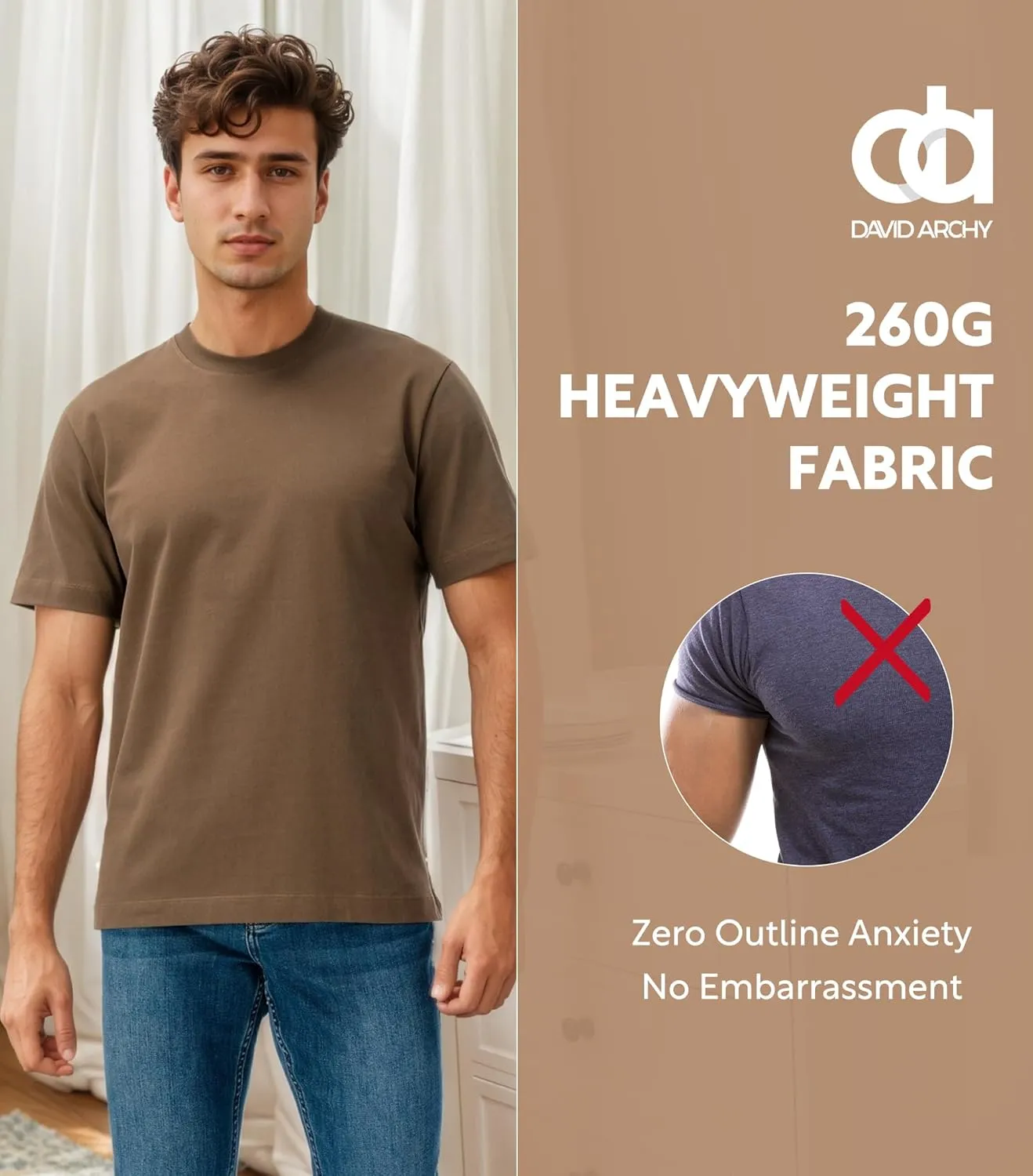 DAVID ARCHY Men's Heavyweight T-Shirt 260g Cotton Sorona Moisture-Wicking Shirts Stretch Side Slit Tees for Men 1-Pack