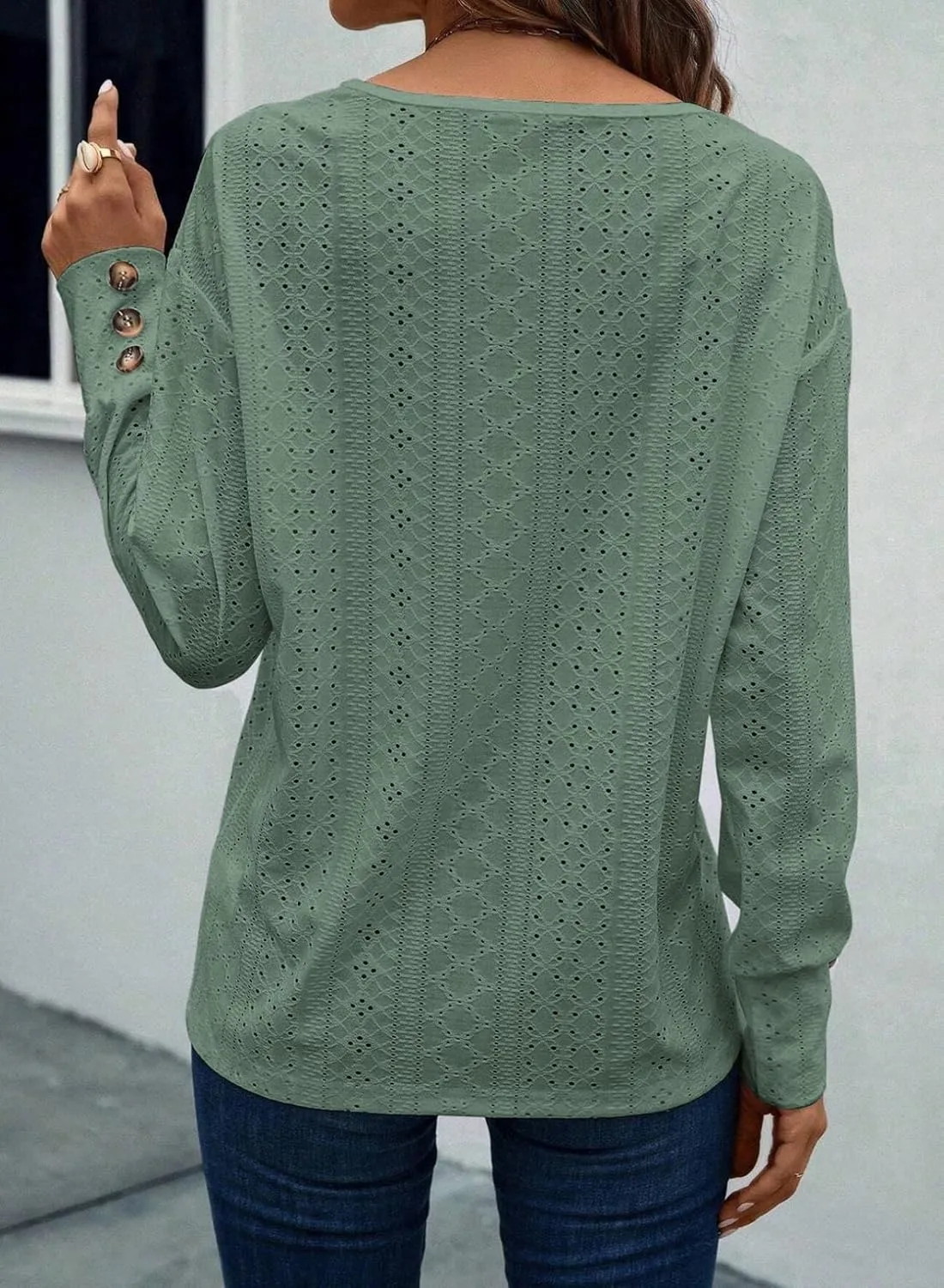 Dokotoo Women's Tops Dressy Casual V Neck Long Sleeve Buttons Hollow Out Lace Embroidered Blouses Shirts