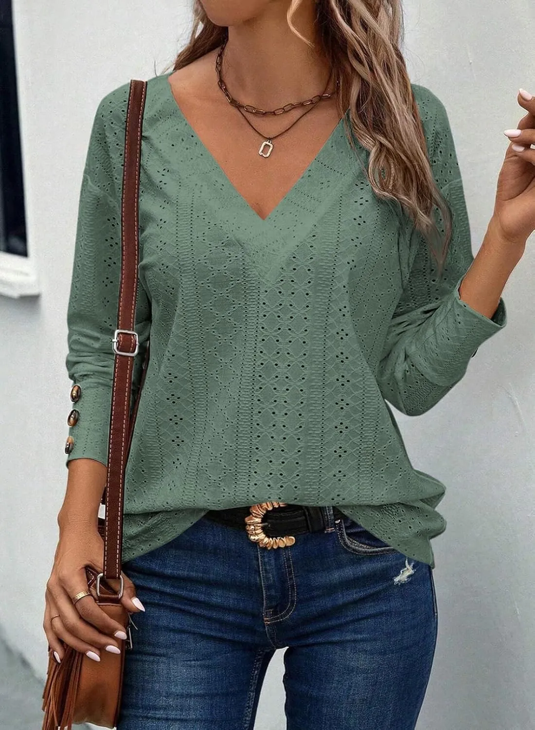 Dokotoo Women's Tops Dressy Casual V Neck Long Sleeve Buttons Hollow Out Lace Embroidered Blouses Shirts