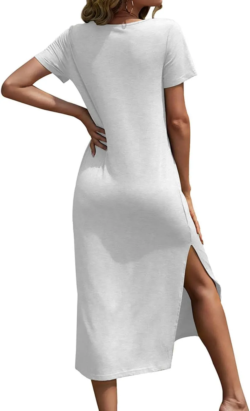 Dyexces Women Summer T Shirt Dress Casual Short Sleeve V Neck Maxi Dresses Loose Side Slit Long Tshirt Dress with Pockets