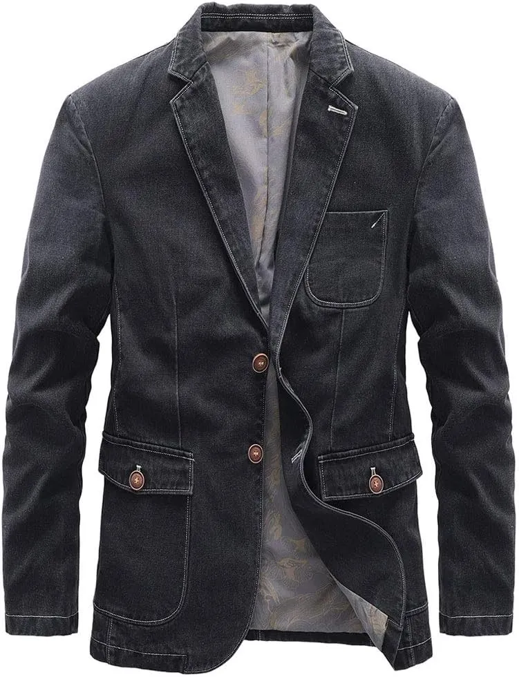 ebossy Men's Retro Wash Slim Two Button Denim Blazer Jacket Casual Sport Coat