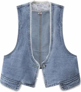 Fitted Denim Vest Cropped Sexy Cute Halter Jean Vest Top For Women lightweight With Pockets