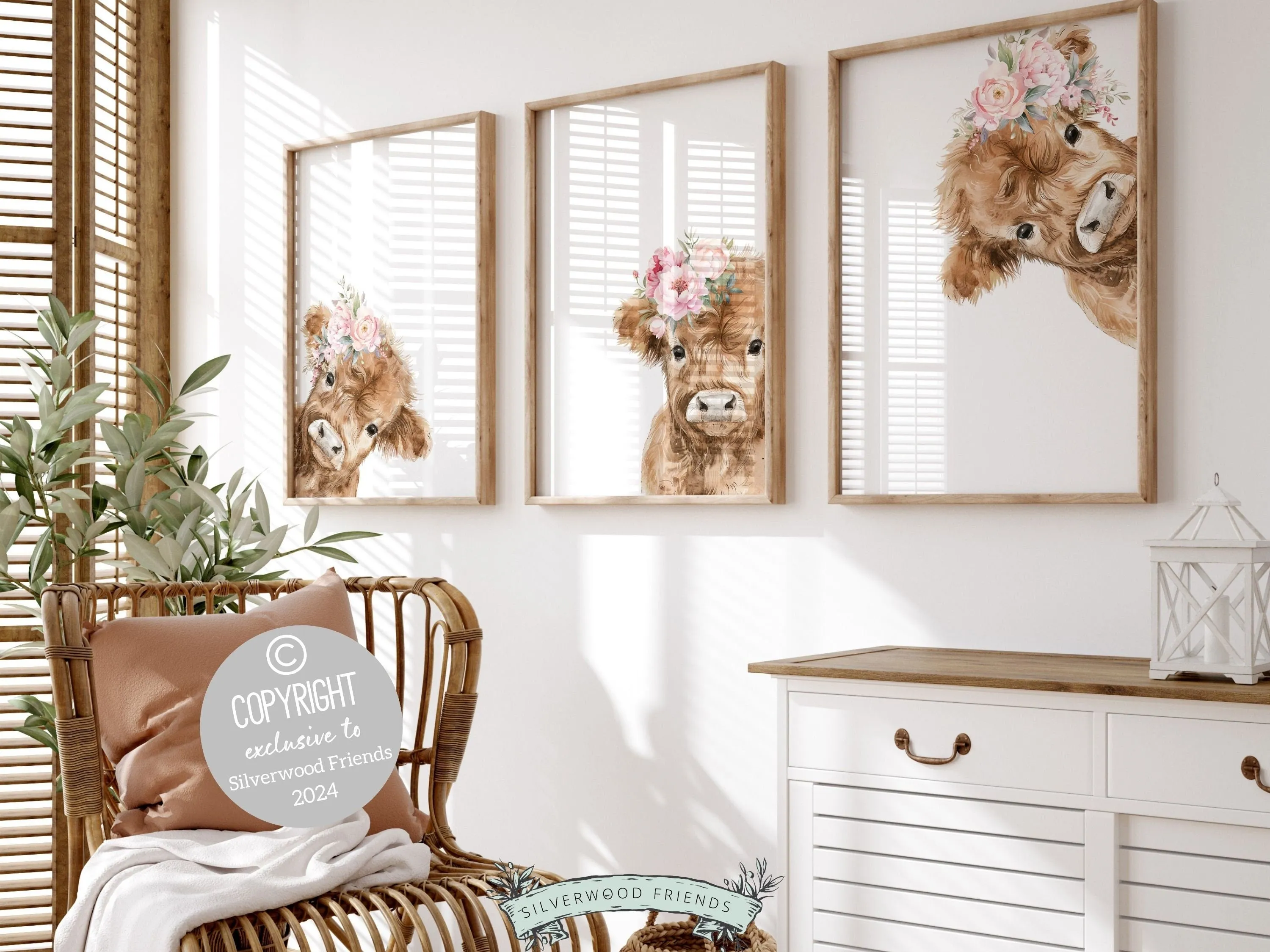 Floral Highland Cow Nursery Print