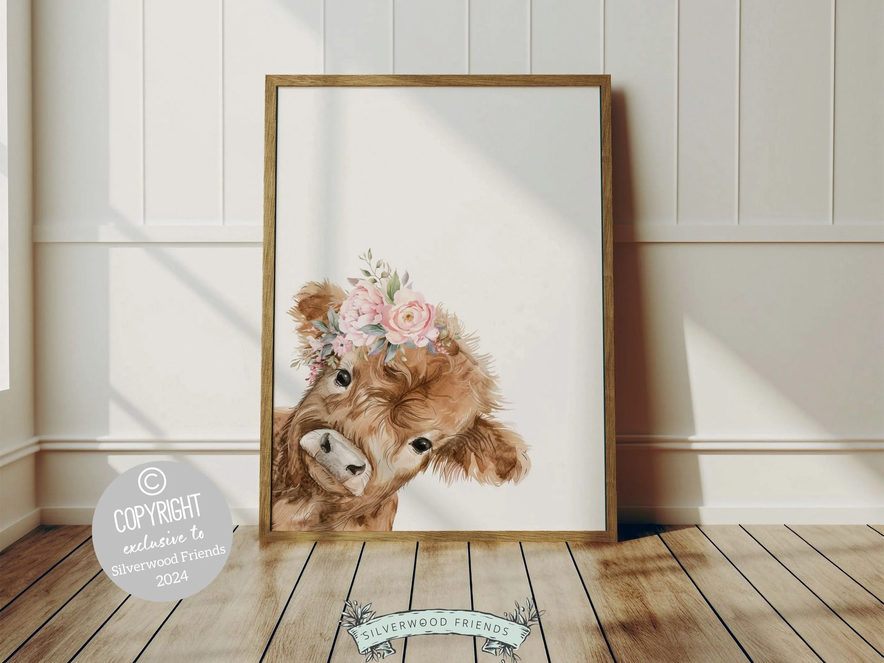 Floral Highland Cow Nursery Print
