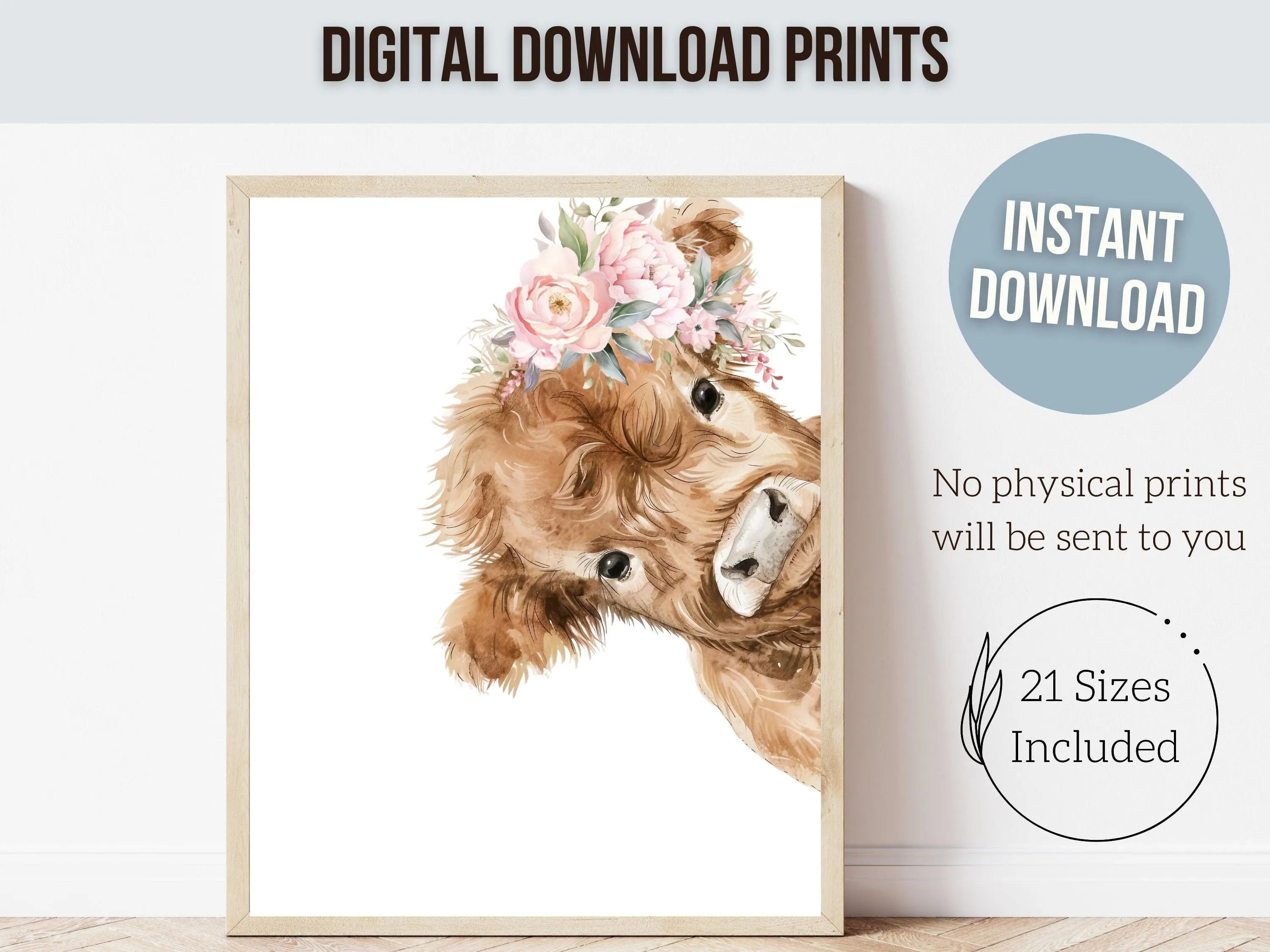 Floral Highland Cow Nursery Print