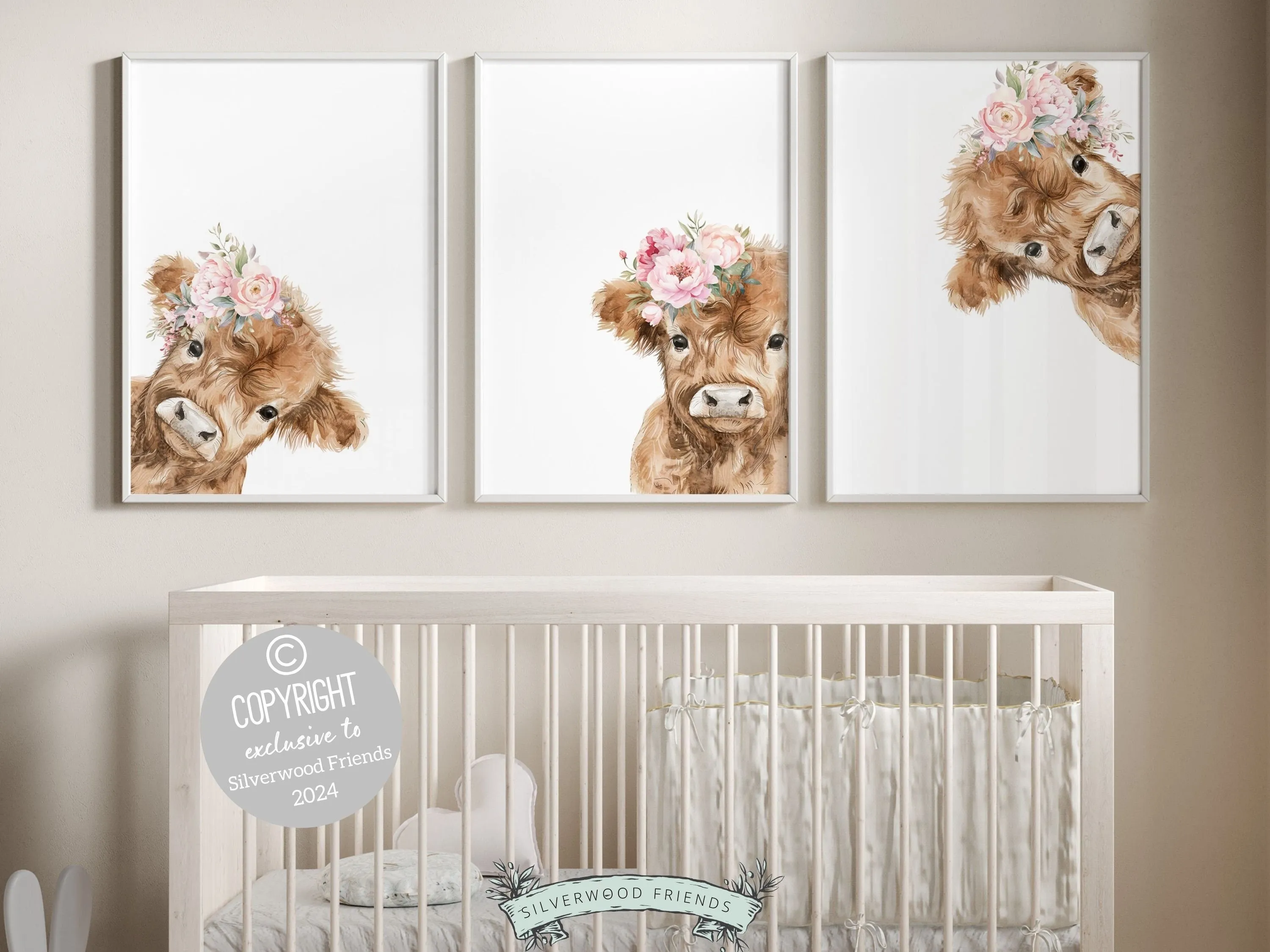 Floral Highland Cow Nursery Print