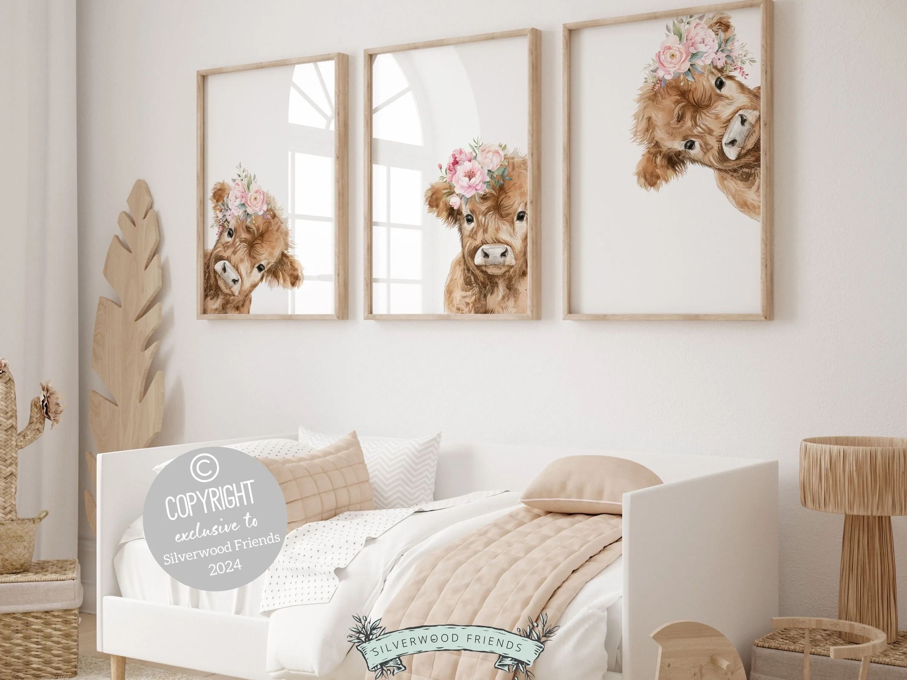 Floral Highland Cow Nursery Print