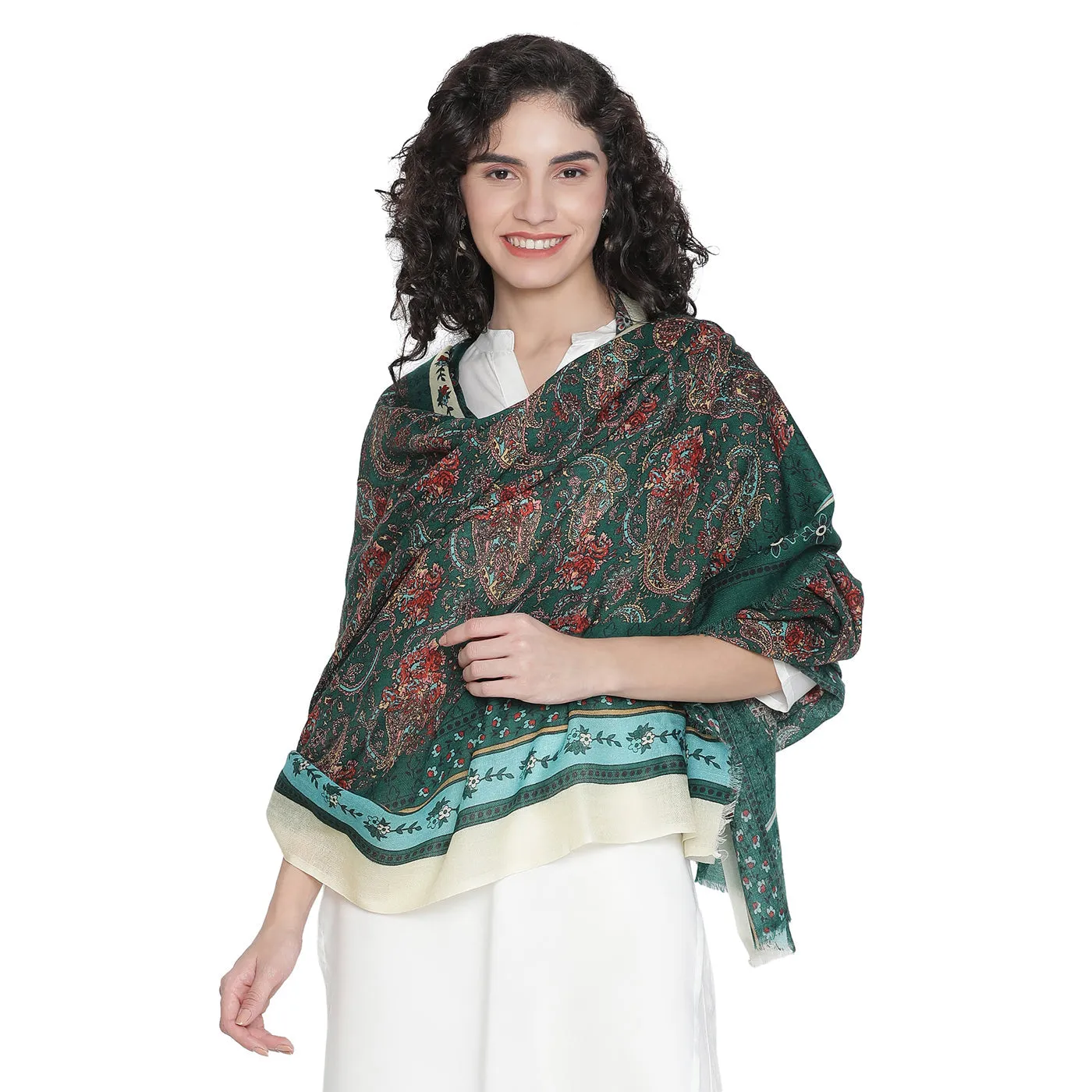 Floral Paisley Pure Woolen Beige Printed Shawl