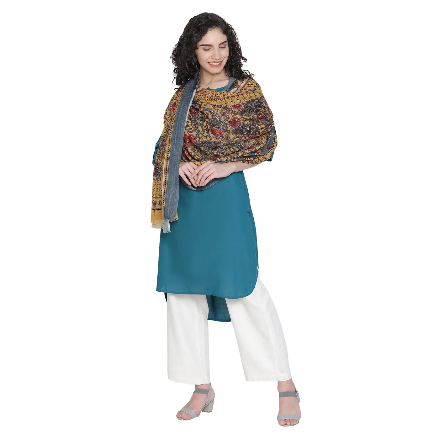 Floral Paisley Pure Woolen Beige Printed Shawl