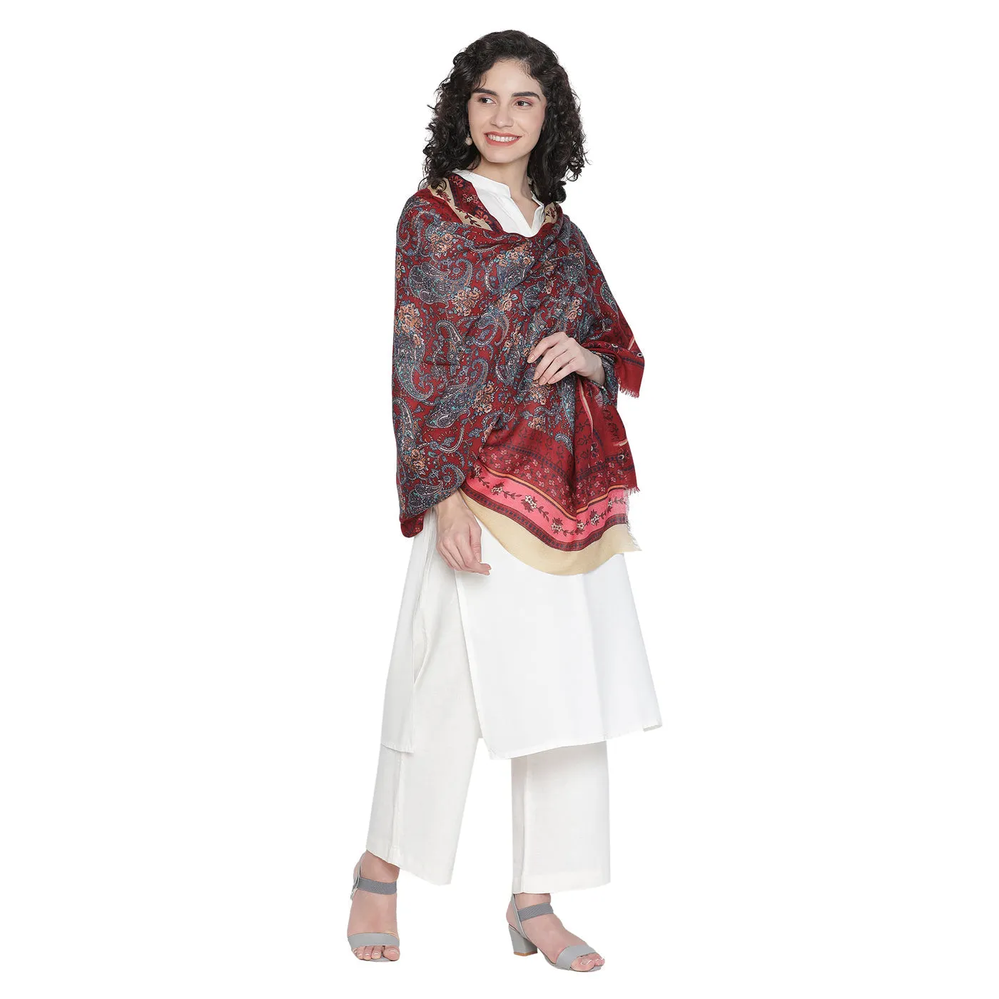 Floral Paisley Pure Woolen Beige Printed Shawl