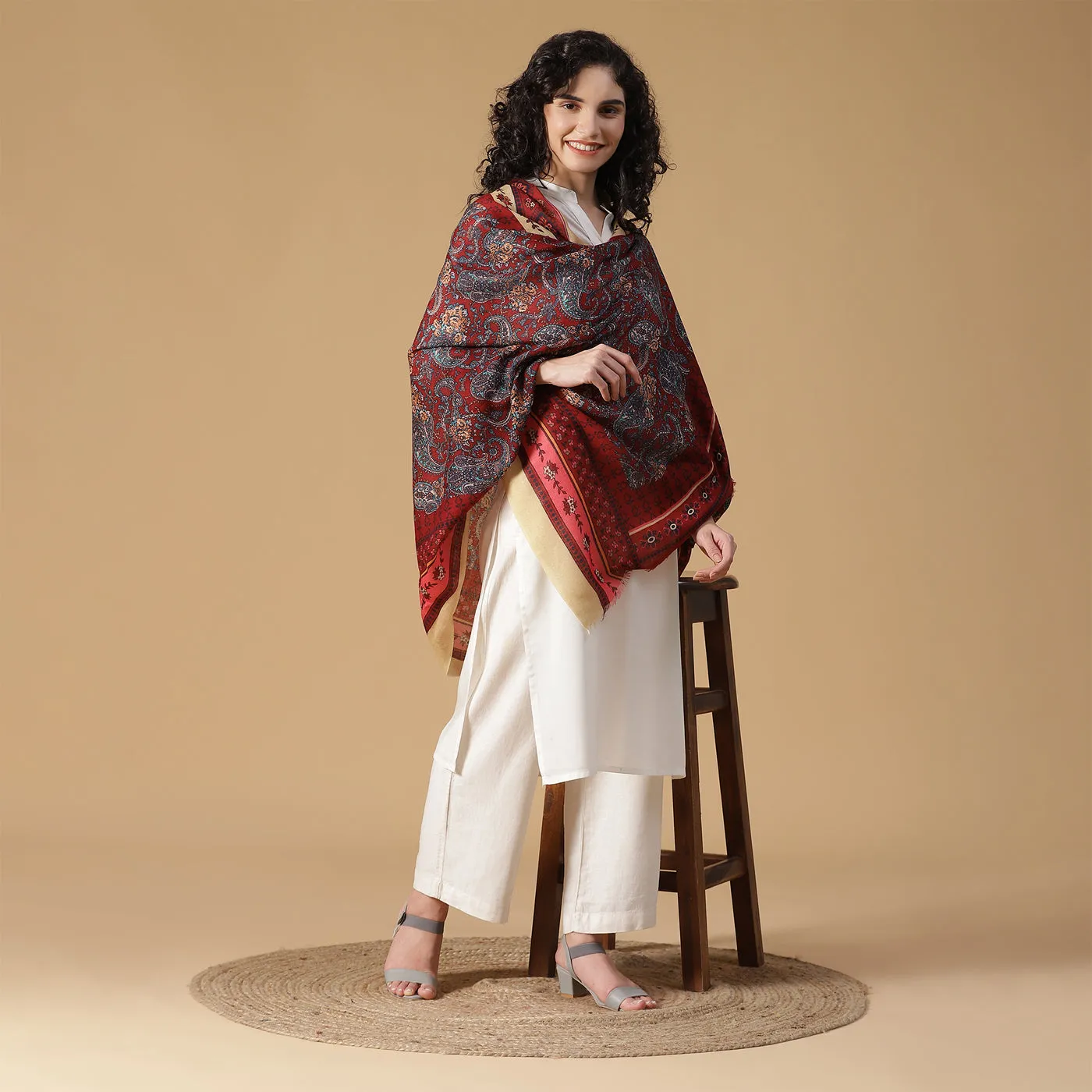 Floral Paisley Pure Woolen Beige Printed Shawl