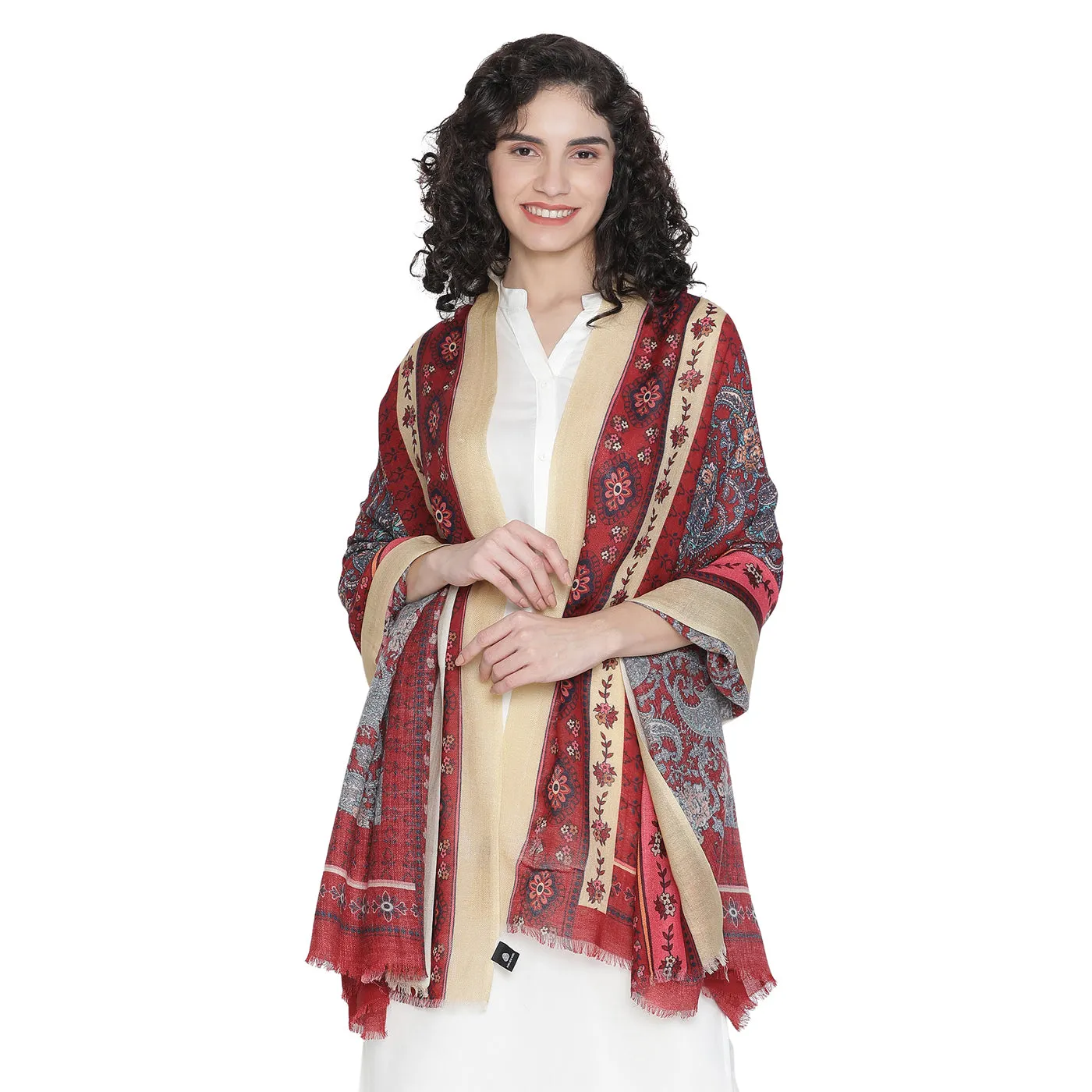 Floral Paisley Pure Woolen Beige Printed Shawl