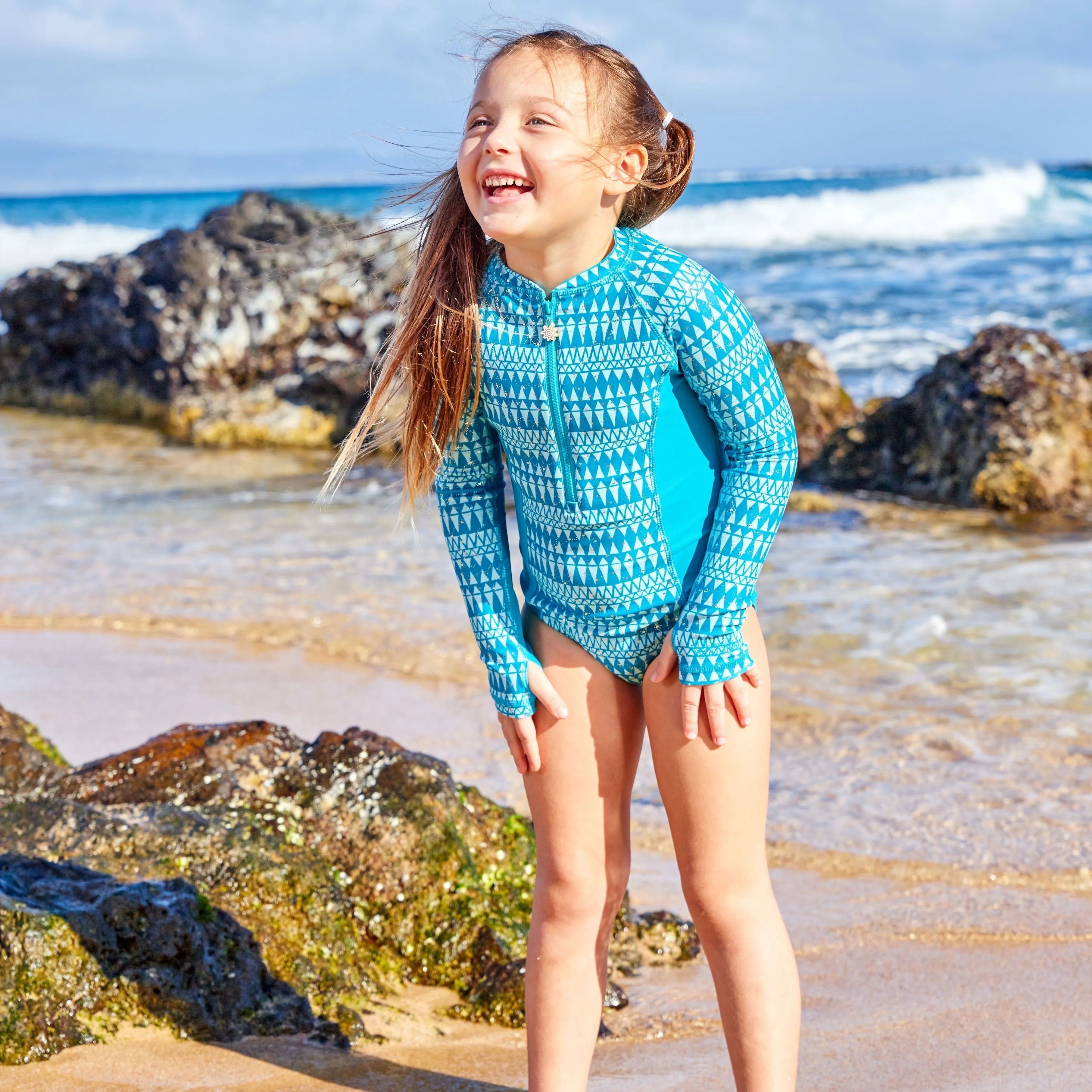 Girl's Long Sleeve Half Zip Swim Suit