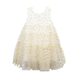 Gold Glitter Heart Mesh Layer White Dress