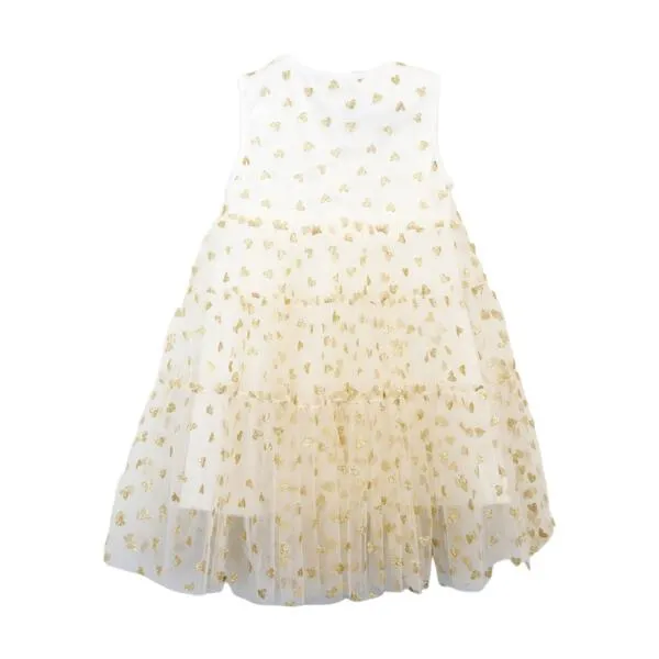 Gold Glitter Heart Mesh Layer White Dress