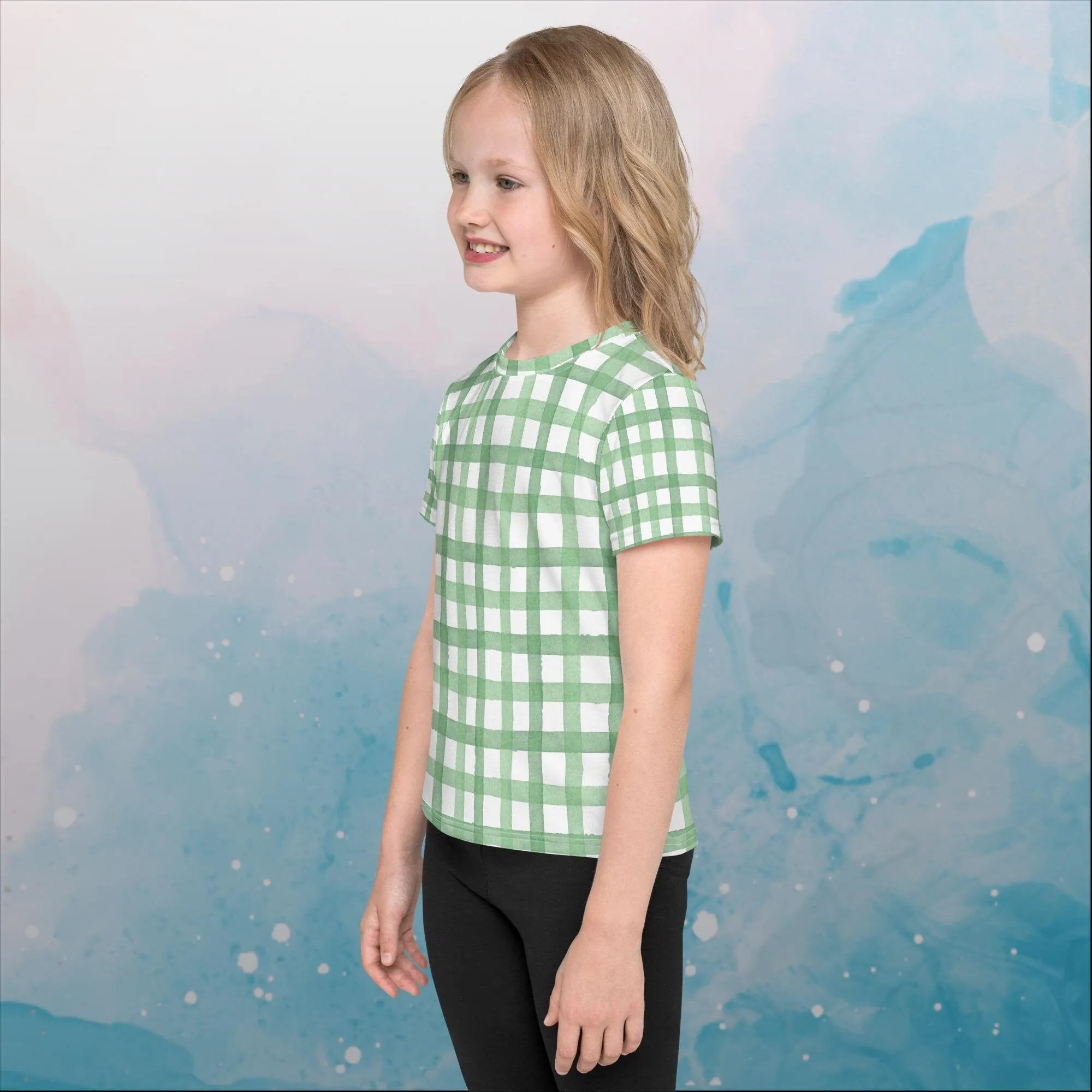 Green Gingham Print Kids Crew Neck Tee Shirt