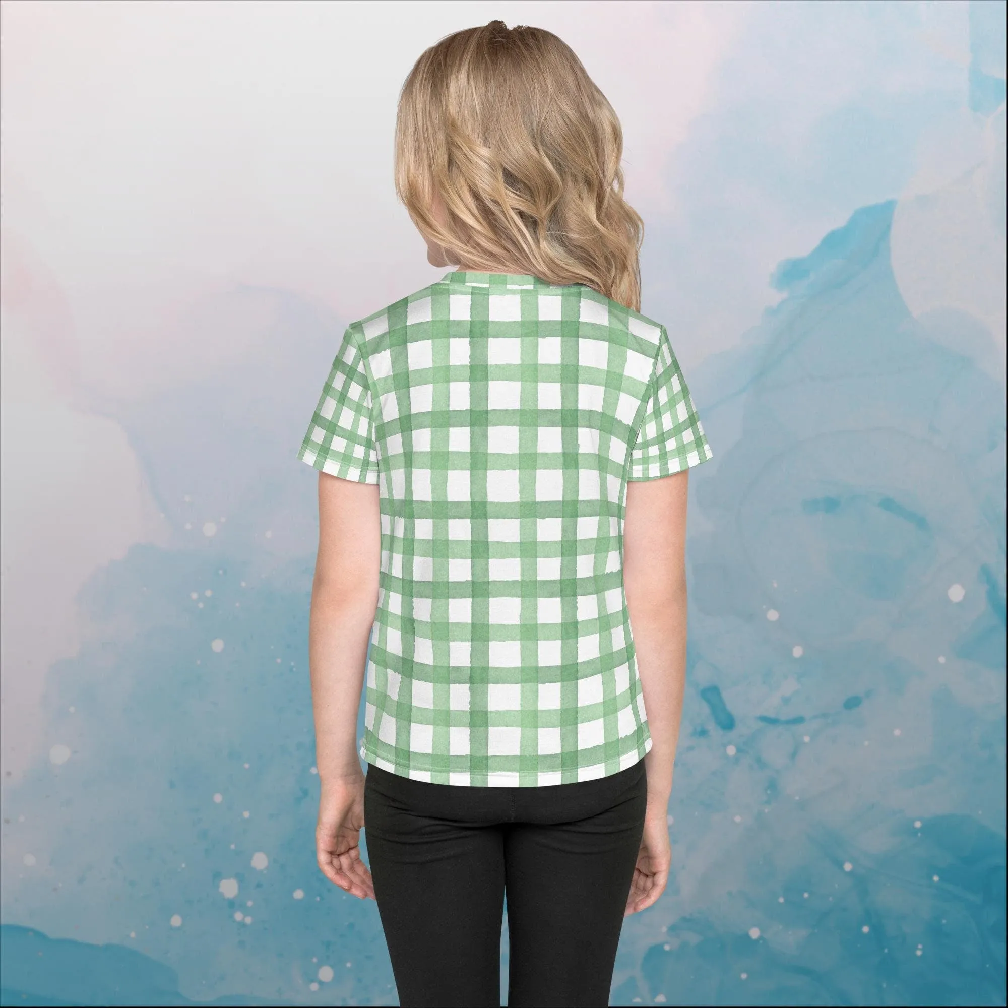 Green Gingham Print Kids Crew Neck Tee Shirt