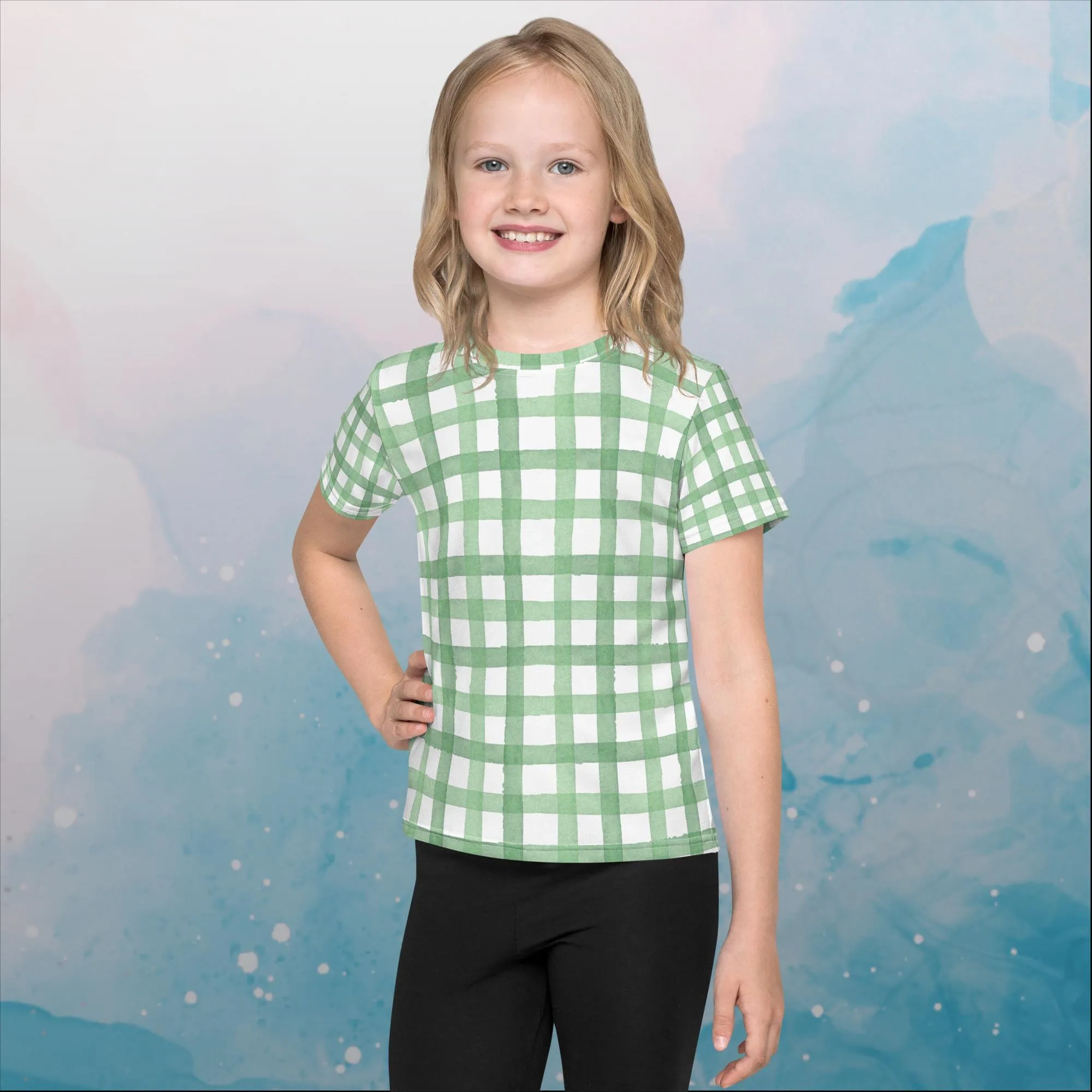 Green Gingham Print Kids Crew Neck Tee Shirt