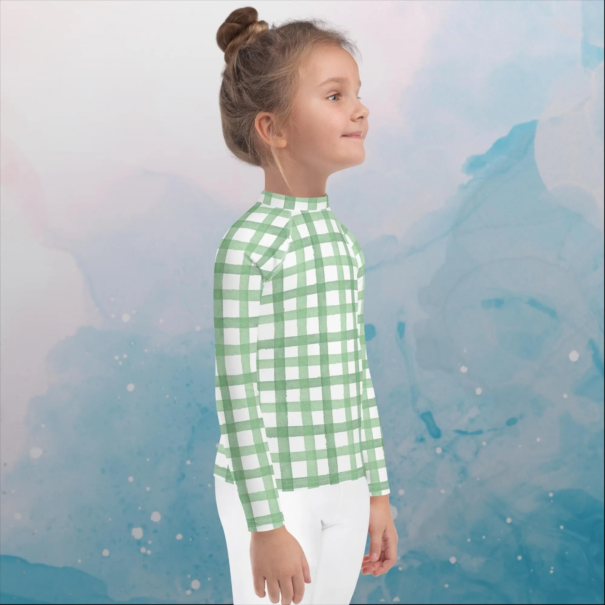 Green Gingham Print Kids Rash Guard