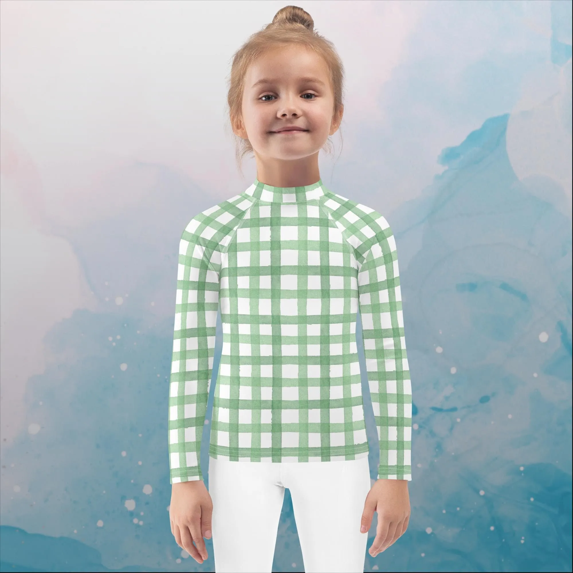 Green Gingham Print Kids Rash Guard