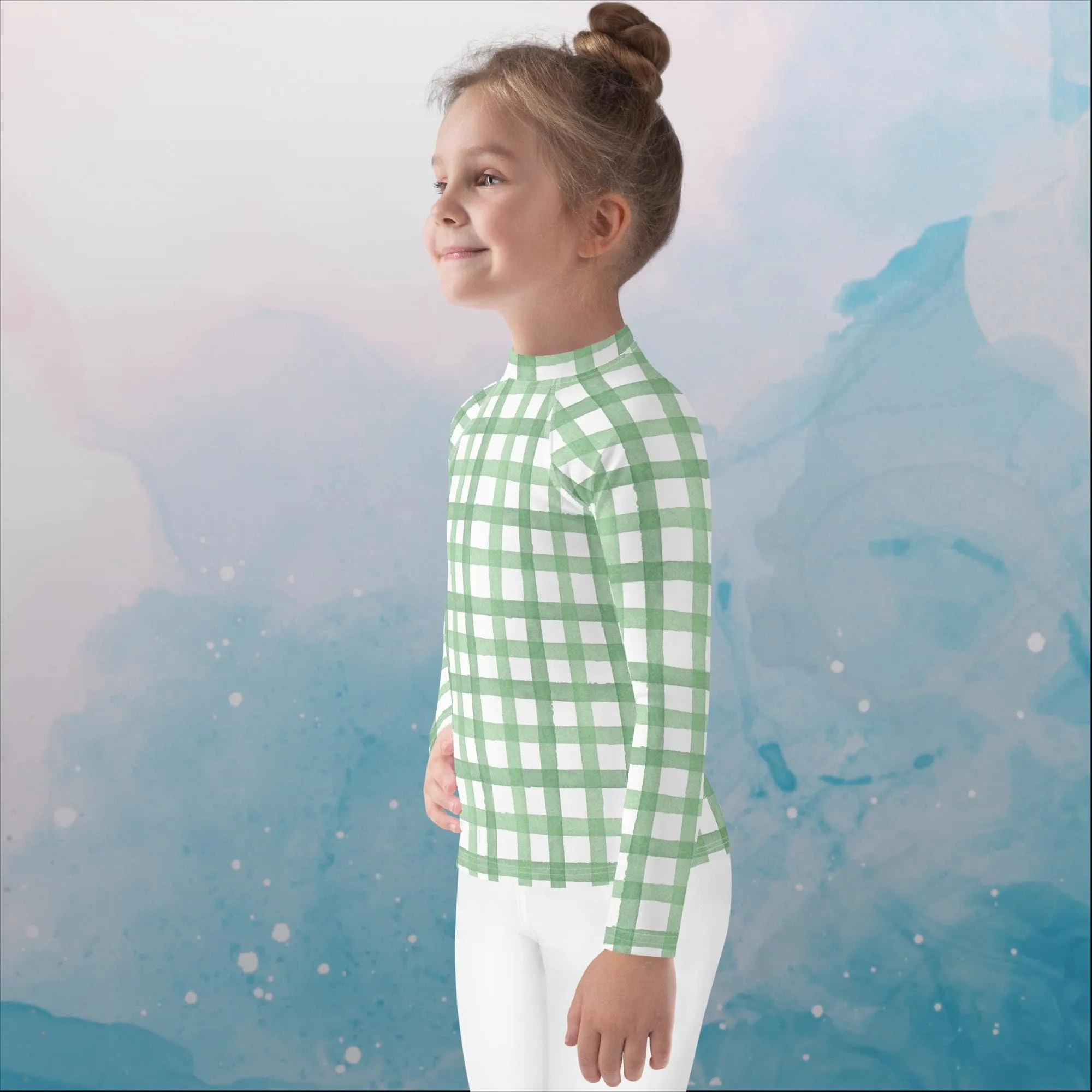 Green Gingham Print Kids Rash Guard