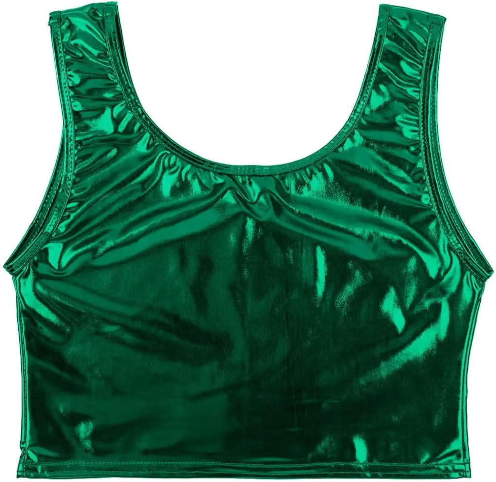 iiniim Fashion Women's Shiny Leather Metallic Sleeveless Scoop Neck Crop Tank Tops Vest Party Clubwear