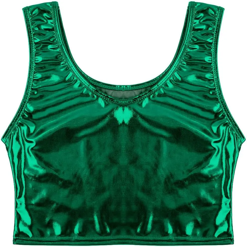 iiniim Fashion Women's Shiny Leather Metallic Sleeveless Scoop Neck Crop Tank Tops Vest Party Clubwear