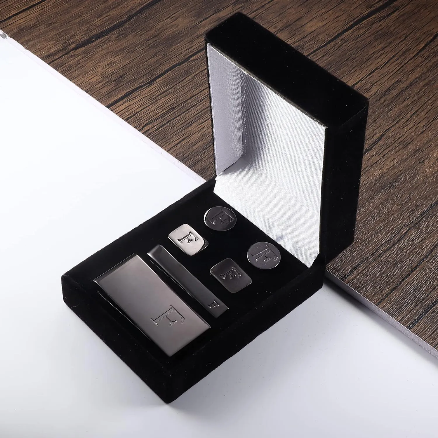 JOERICA Initial Cufflinks for Men and Tie Clip Set for Men Alphabet Letter Wallet Tie Clips and Cuff Link with Gift Box For Father Husband