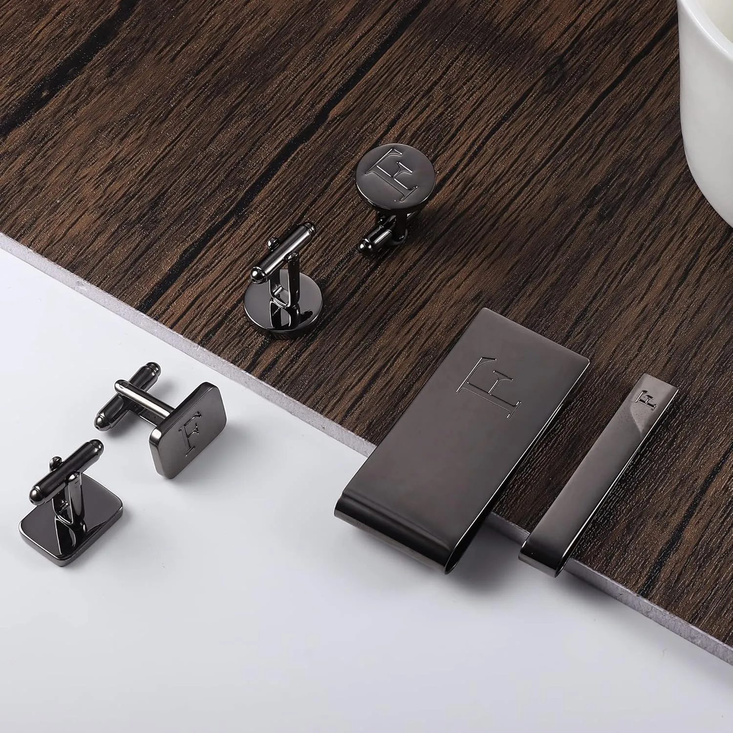 JOERICA Initial Cufflinks for Men and Tie Clip Set for Men Alphabet Letter Wallet Tie Clips and Cuff Link with Gift Box For Father Husband