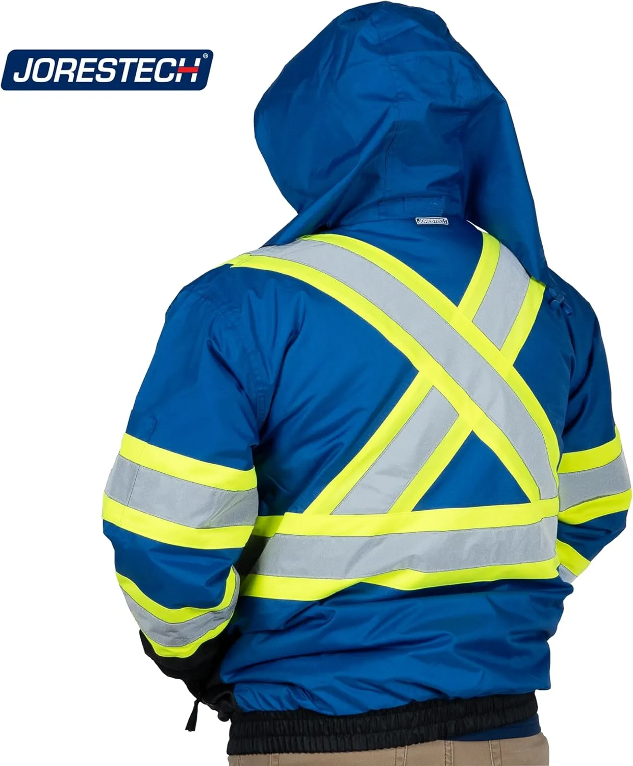JORESTECH High Visibility Reflective Safety Bomber Jacket Waterproof X in Back ANSI/ISEA Class 1 Type O/CSA Z96