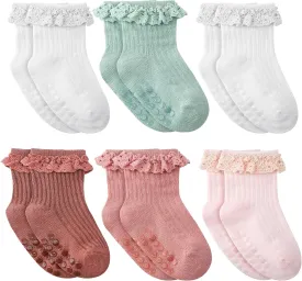 Jspupifip 6 Pairs Toddler Girls Anti Slip Socks Girls Ruffle Socks Baby Lace Trim Socks Cute Toddler Ruffle Cotton Socks for Girl