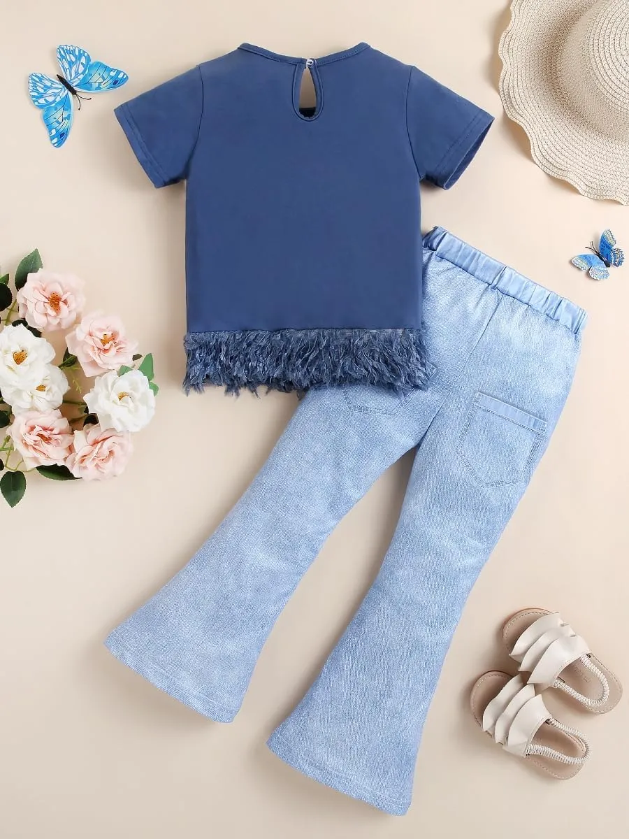 Kid Toddler Girl Summer Clothes Leopard & Heart Print Short Sleeve T-Shirt   Flared Leg Pants Outfits (Not Jeans)