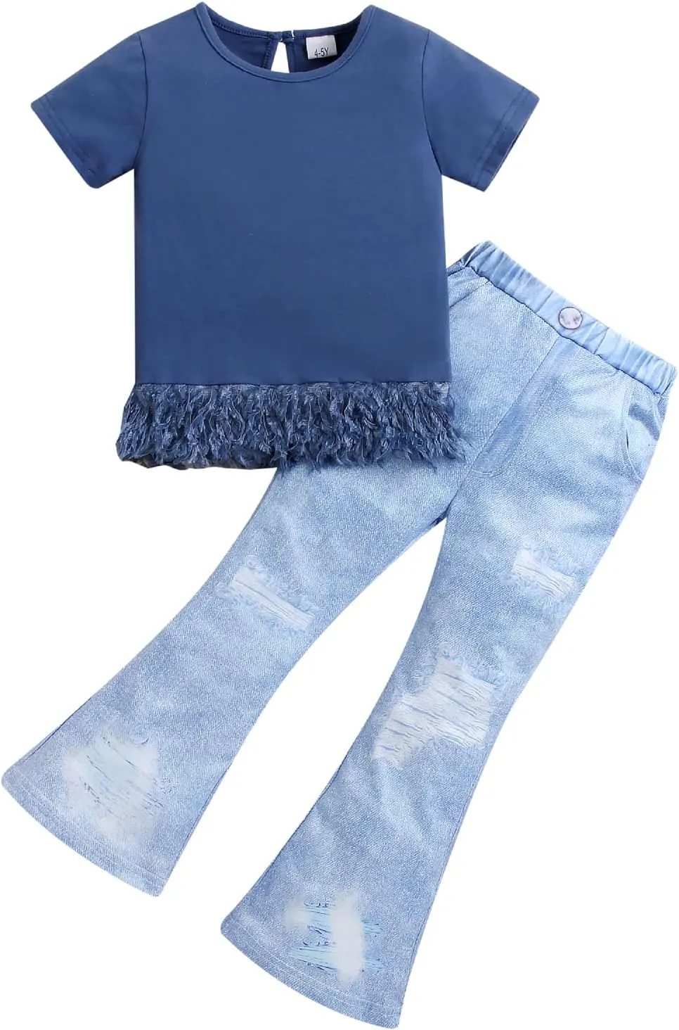 Kid Toddler Girl Summer Clothes Leopard & Heart Print Short Sleeve T-Shirt   Flared Leg Pants Outfits (Not Jeans)