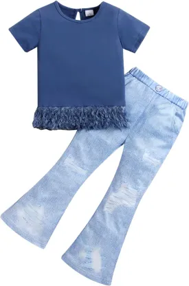Kid Toddler Girl Summer Clothes Leopard & Heart Print Short Sleeve T-Shirt   Flared Leg Pants Outfits (Not Jeans)