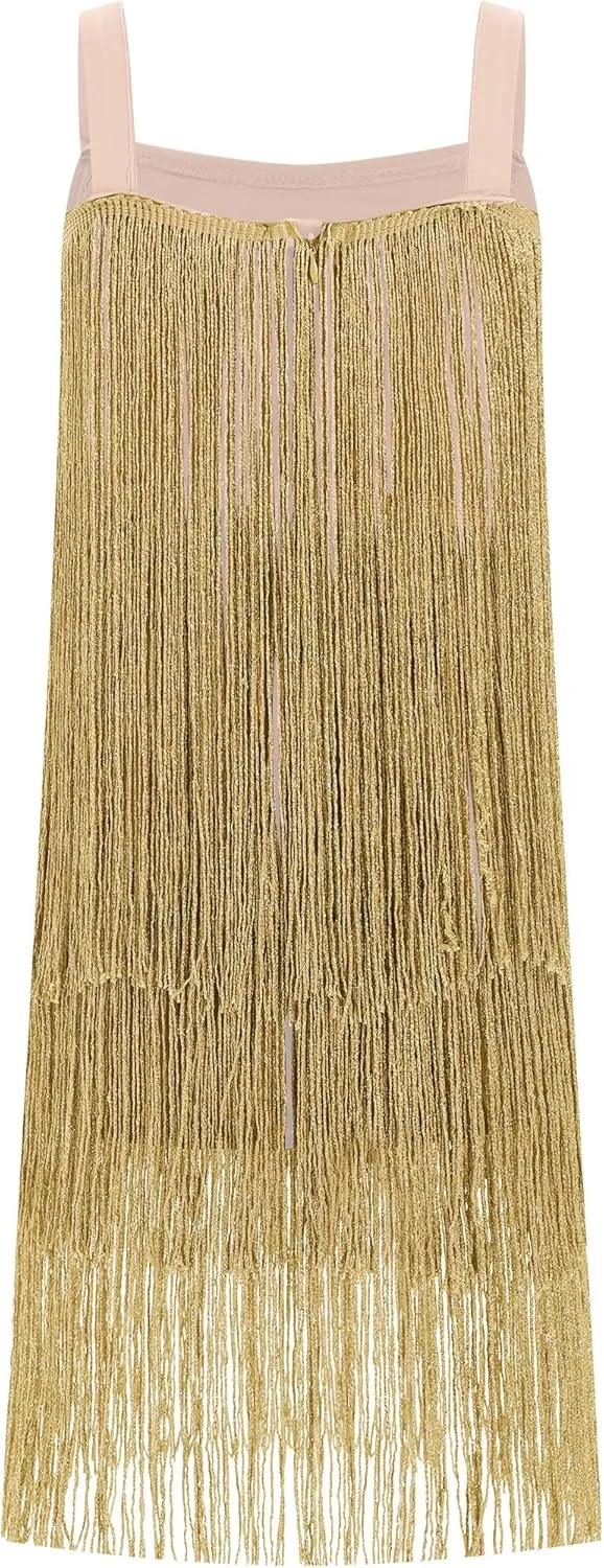 Kids Girls Sequin Fringe Dress Sparkling Tassel Sleeveless Dress Gatsby Flapper Dance Wear Party Latin Dance Dress