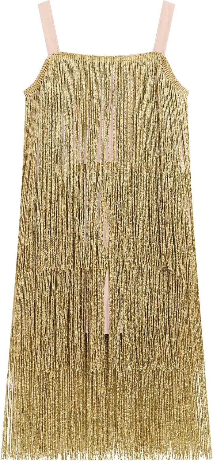 Kids Girls Sequin Fringe Dress Sparkling Tassel Sleeveless Dress Gatsby Flapper Dance Wear Party Latin Dance Dress