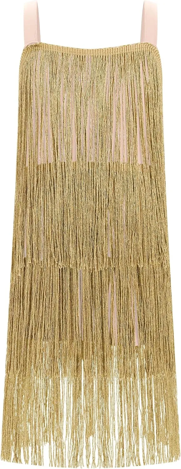 Kids Girls Sequin Fringe Dress Sparkling Tassel Sleeveless Dress Gatsby Flapper Dance Wear Party Latin Dance Dress