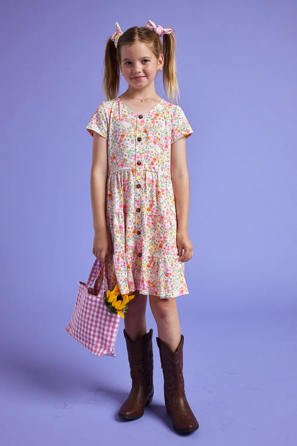 Kids Pink Floral Button Front Scrunchy Dress