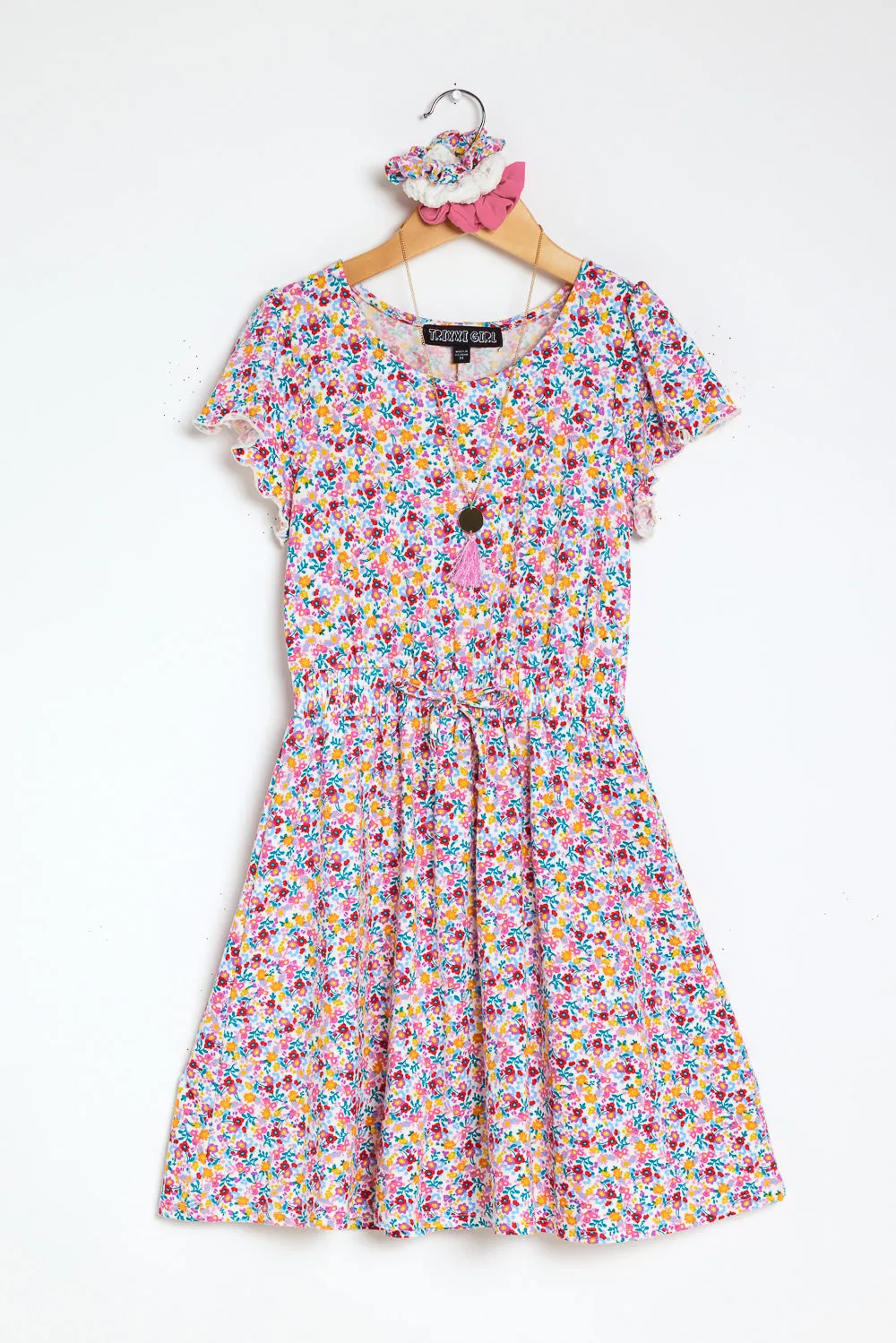 Kids White Pink Floral Flutter Sleeve Dress